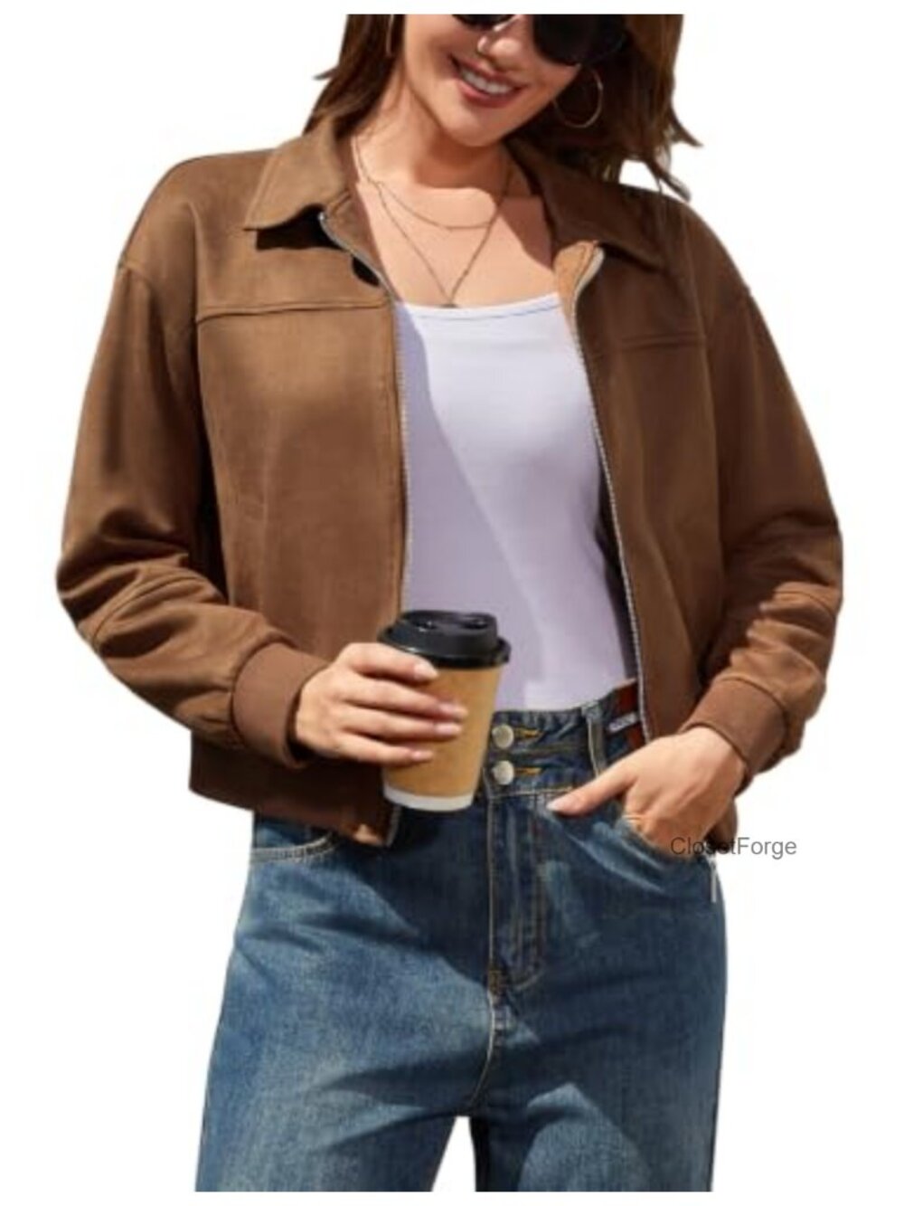 Faux Suede Bomber Jacket Zip Up Cropped Women's Coat
